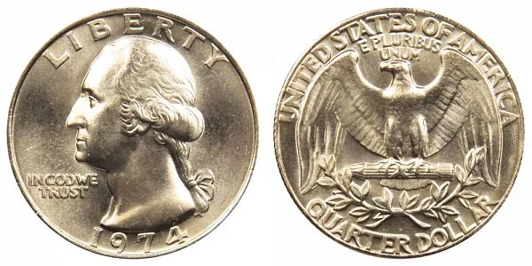 1974 Washington quarter obverse showing Washington portrait and reverse showing eagle design