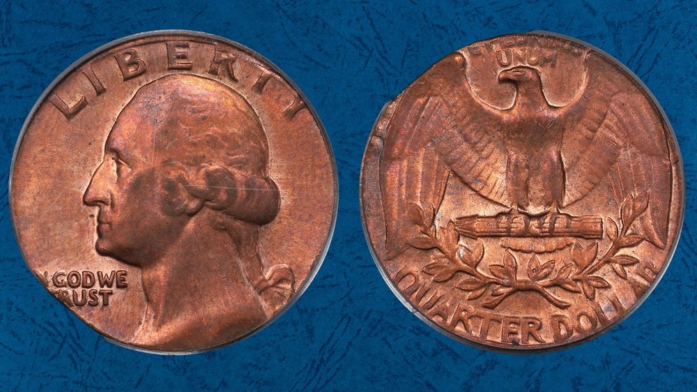 1974-D quarter struck on cent planchet showing smaller size copper-brown color and cramped design elements