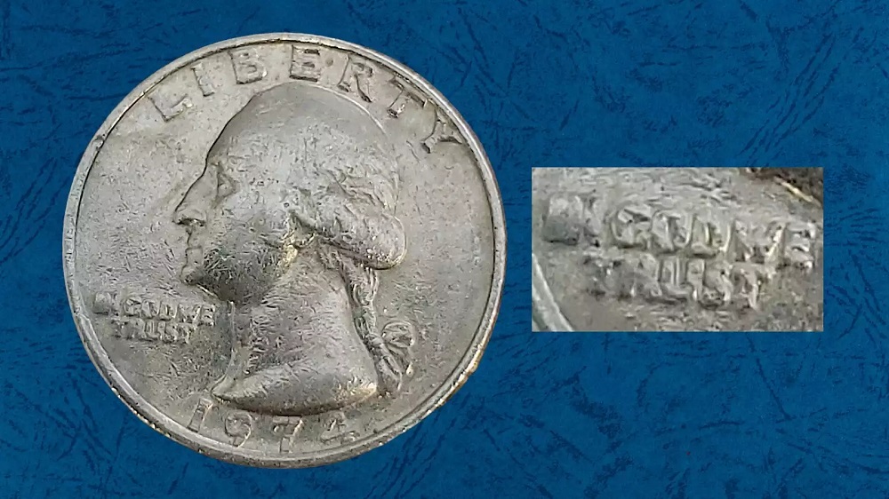 1974-D die cap brockage quarter showing standard obverse and mirror-image incuse brockage reverse from a capped die error
