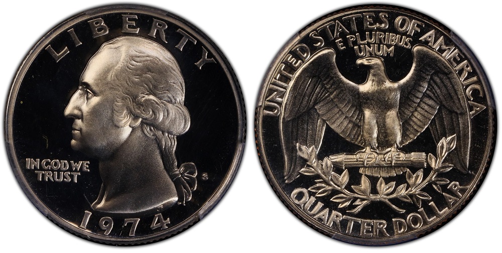 1974-S Deep Cameo proof Washington quarter showing mirror fields contrasting with frosted Washington portrait