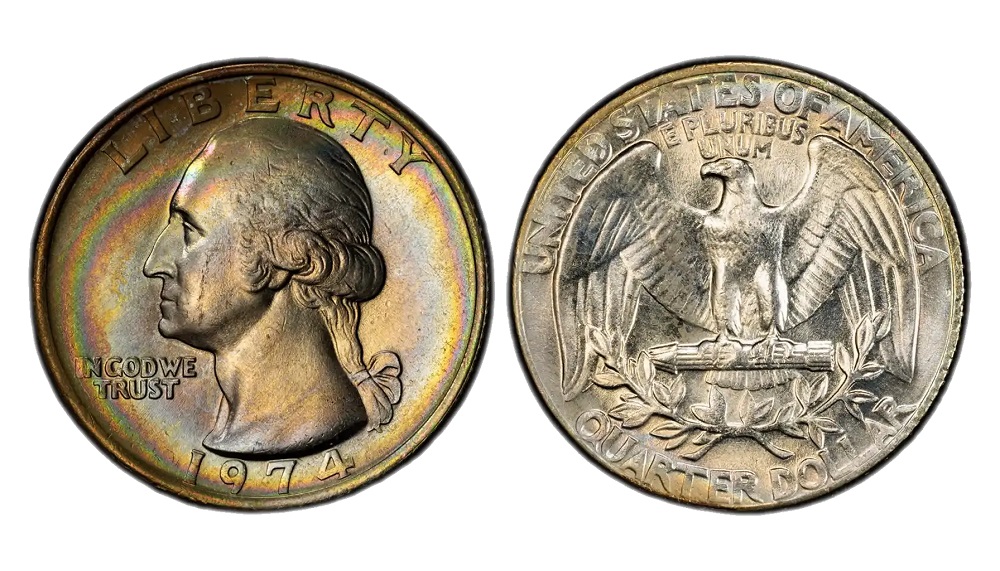 Group of 1974 quarters showing Philadelphia no-mark, Denver D, and San Francisco proof varieties side by side