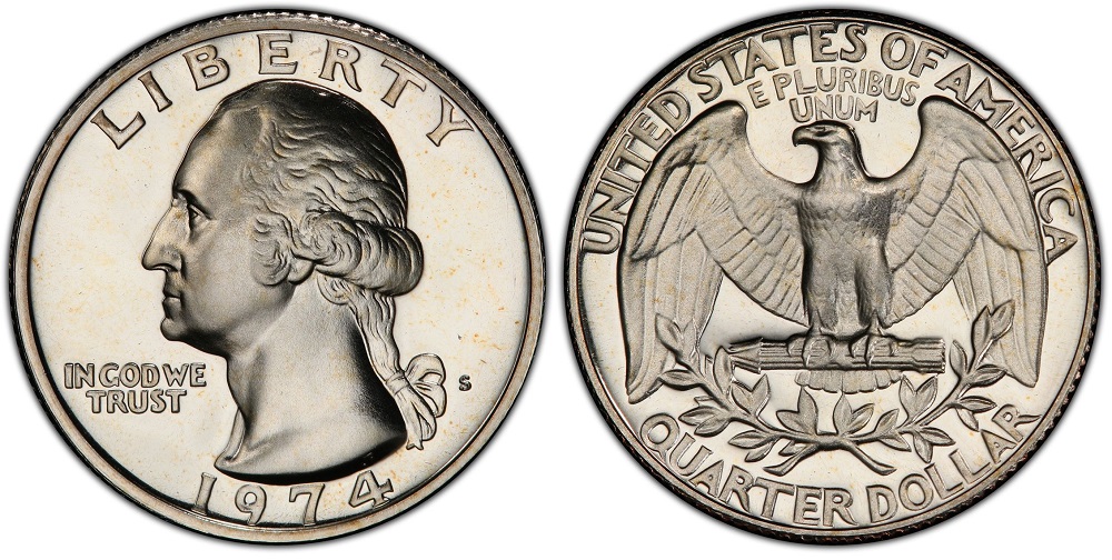 1974 quarter grading strip showing four condition tiers from worn Good through Fine, About Uncirculated, and Mint State